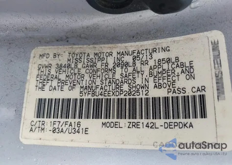 2013 Toyota Corolla L from USA, damaged, VIN 5YFBU4EEXDP202512